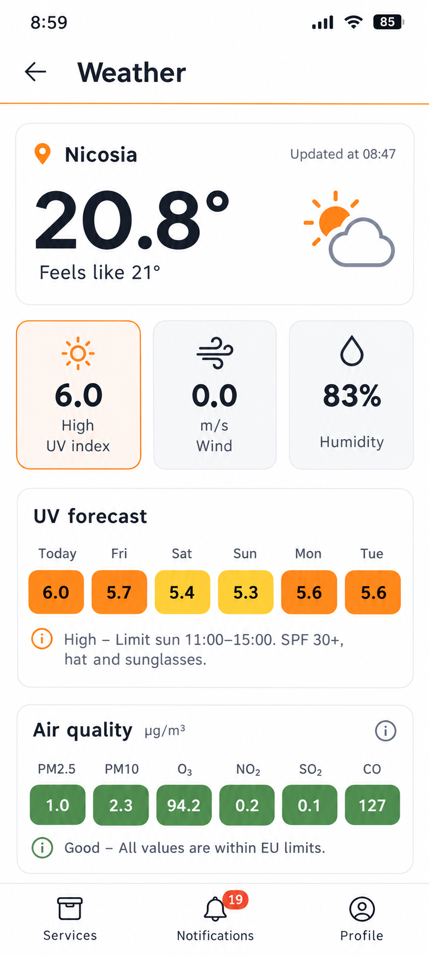 Ambiente e meteo. Gli utenti consultano condizioni meteo locali e indicatori ambientali configurati per la città.