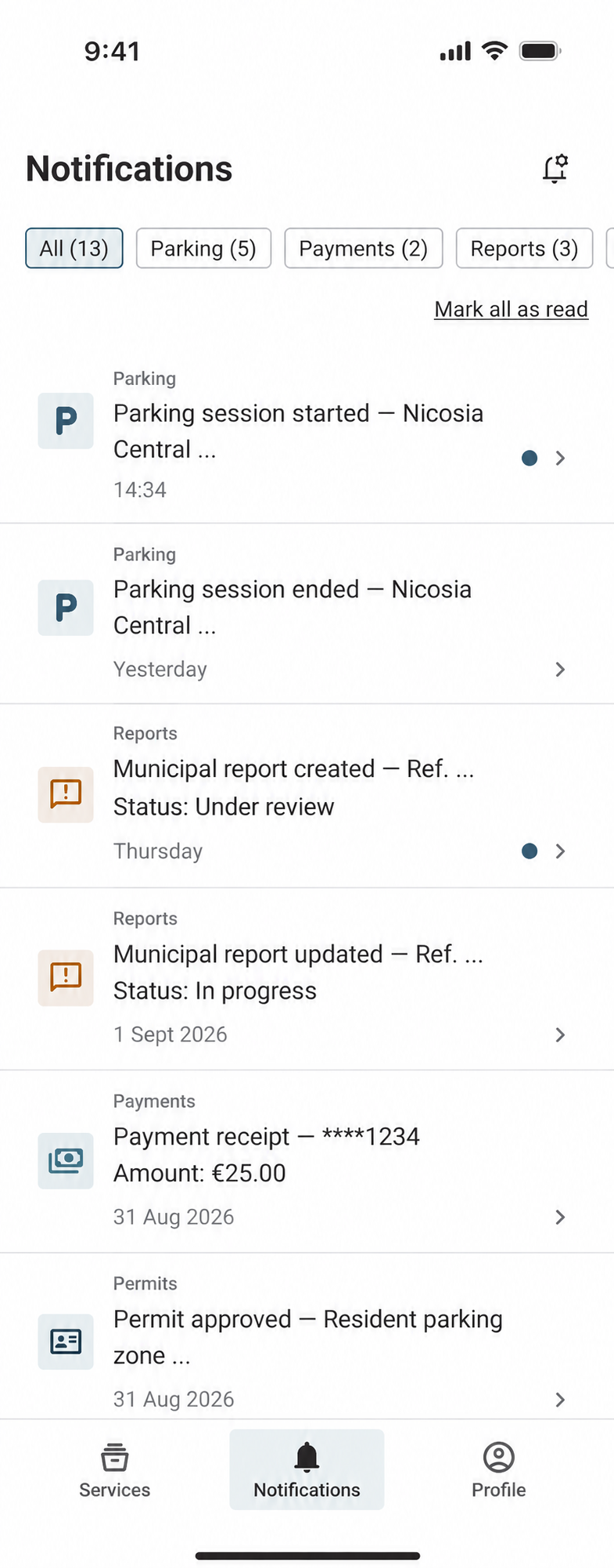 Notifiche. Parcheggi, segnalazioni, pagamenti e permessi confluiscono in uno storico filtrabile.