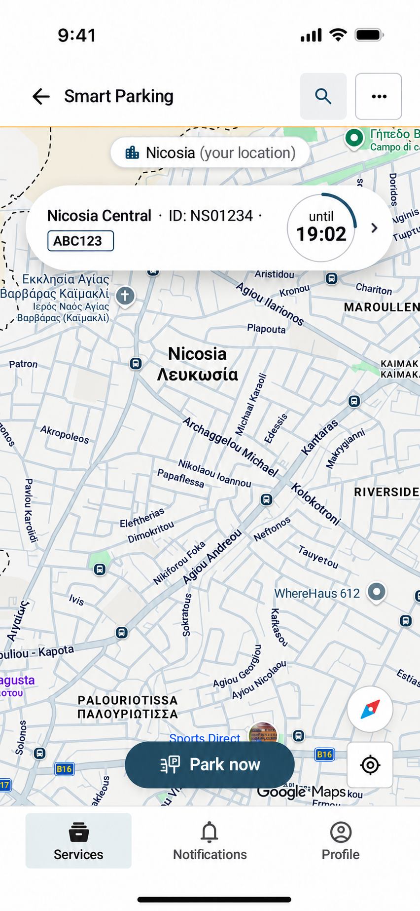 City User App con sessione Smart Parking attiva sulla mappa