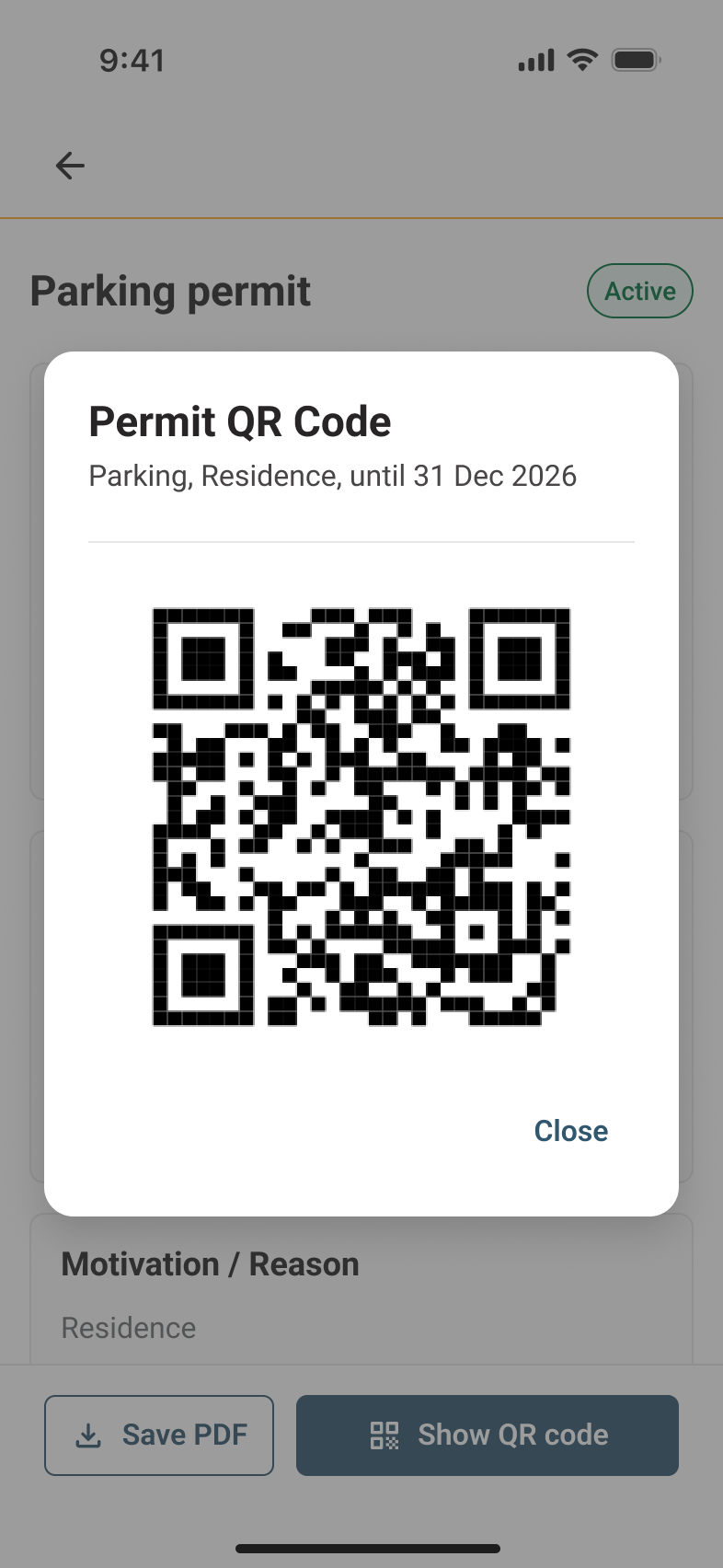 Permessi digitali. Gli utenti registrati aprono un permesso attivo e presentano il relativo QR code quando richiesto.
