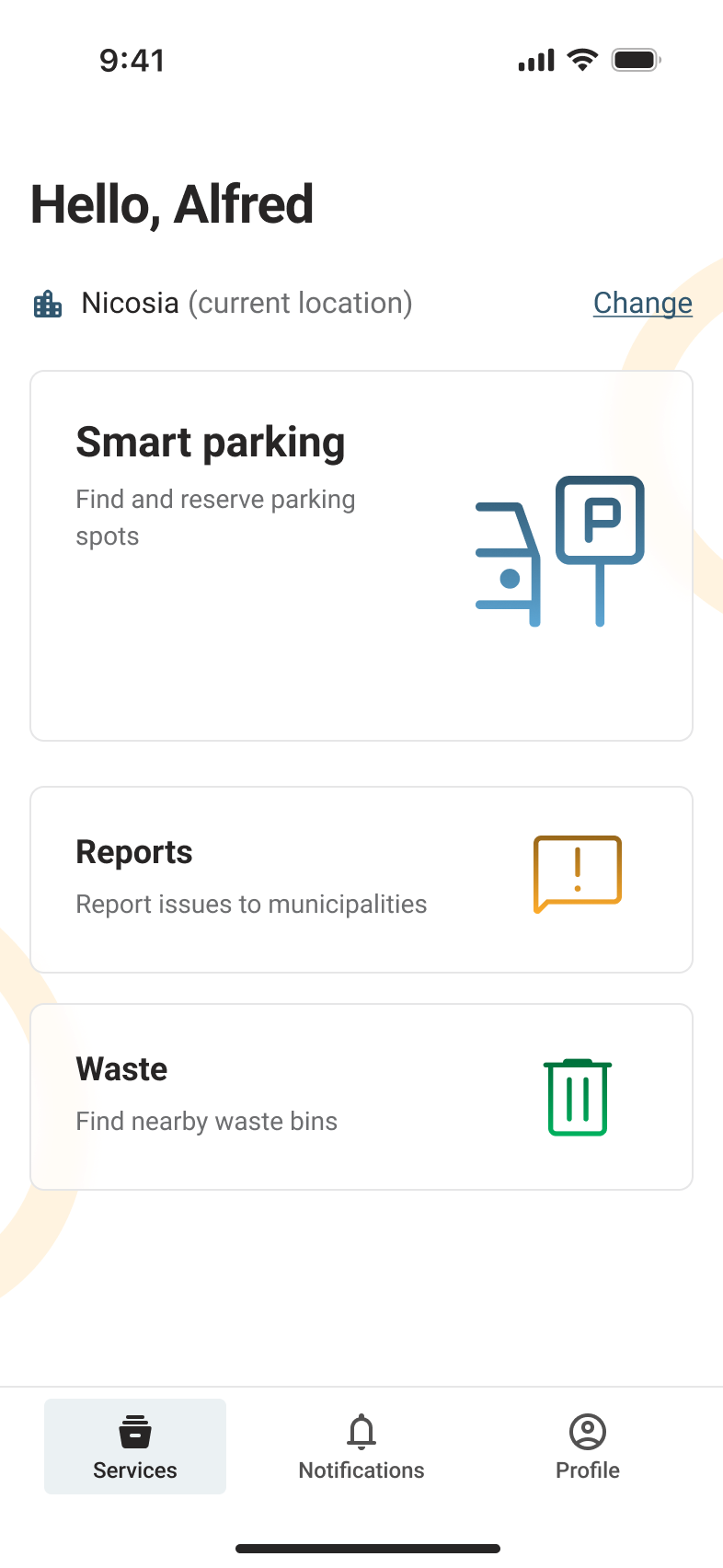 Catalogo dei servizi. Gli utenti accedono a Smart Parking, segnalazioni comunali e servizi rifiuti da un unico punto di partenza.