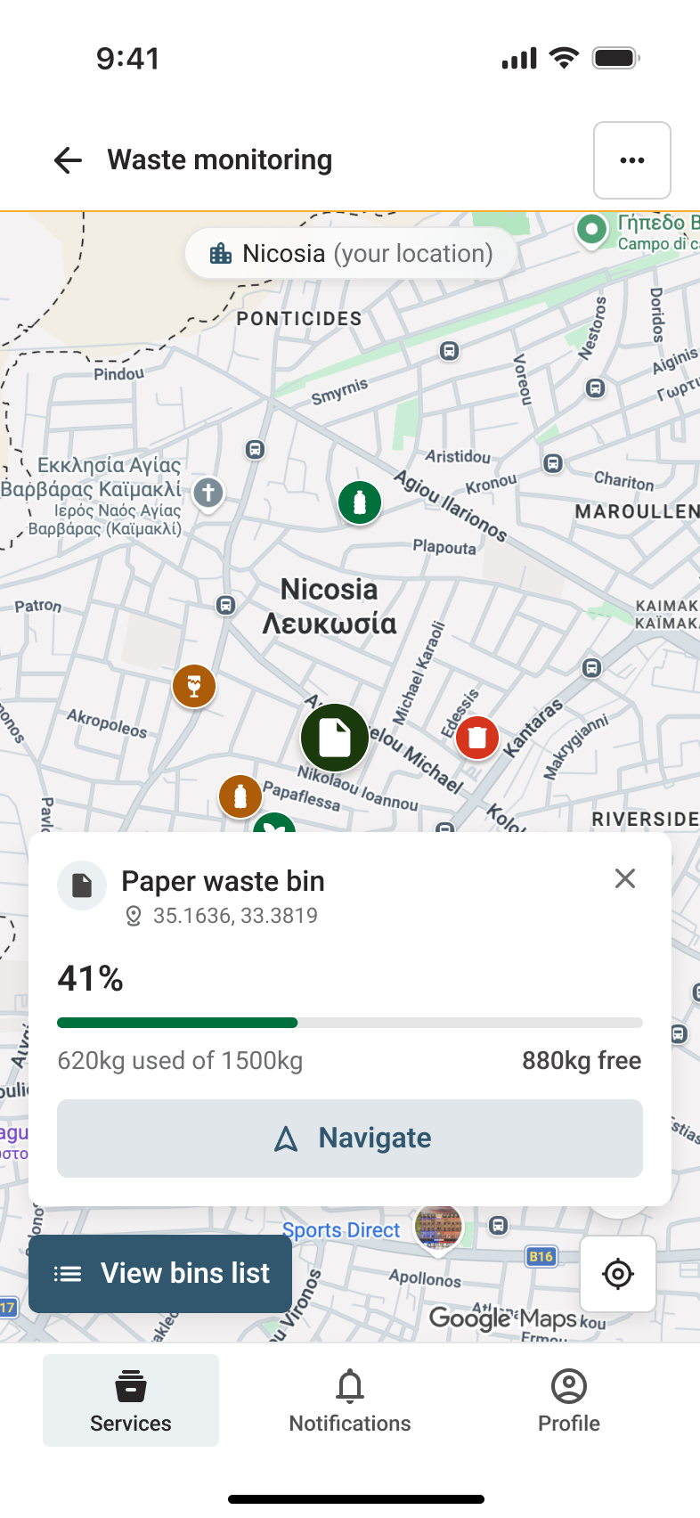 Schermata Waste monitoring con dettagli del contenitore, riempimento e navigazione